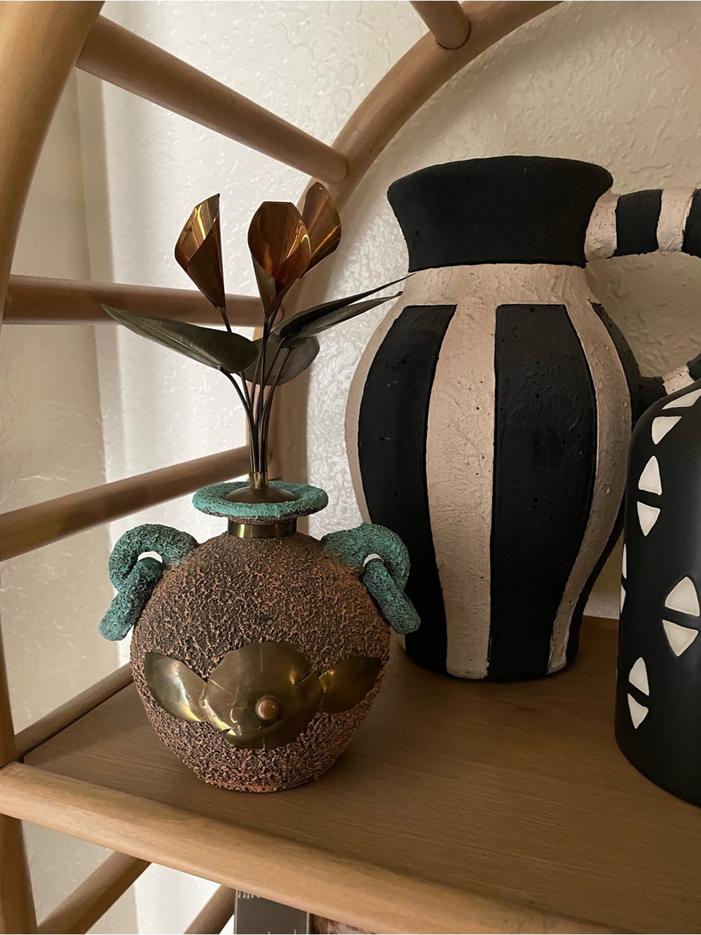 Vintage textured vase with copper/brass flowers decorative home accent